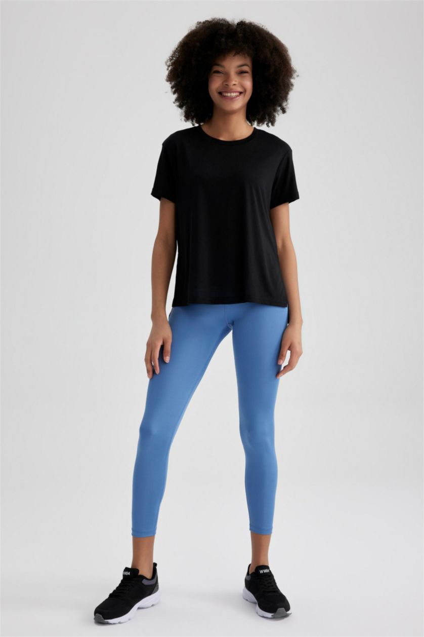 نساء أسود تيشيرت ممشط قصة عادية برقبة مستديرة