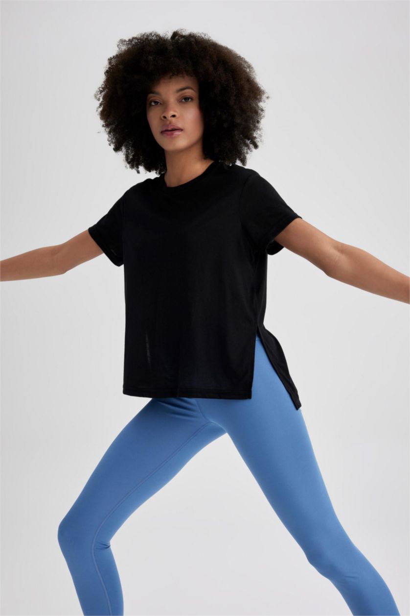 نساء أسود تيشيرت ممشط قصة عادية برقبة مستديرة