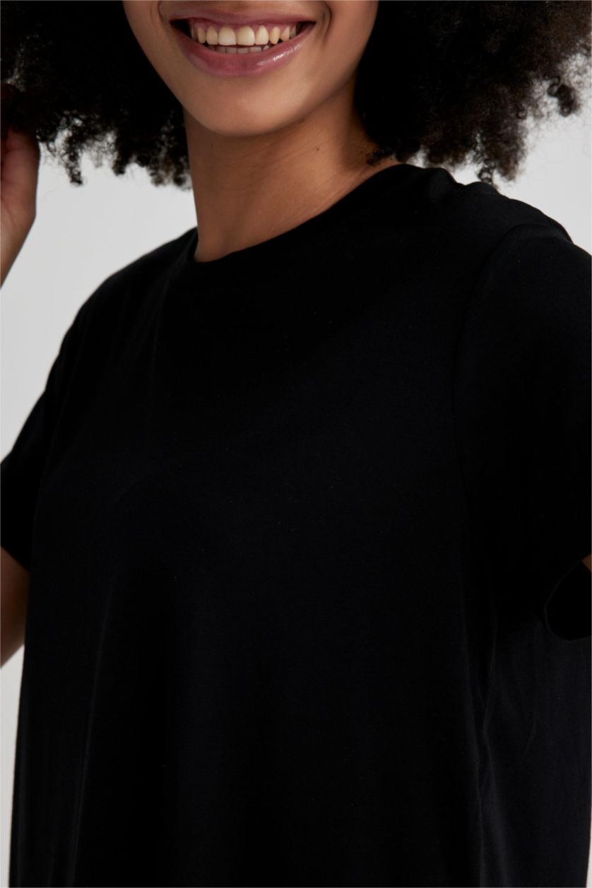 نساء أسود تيشيرت ممشط قصة عادية برقبة مستديرة