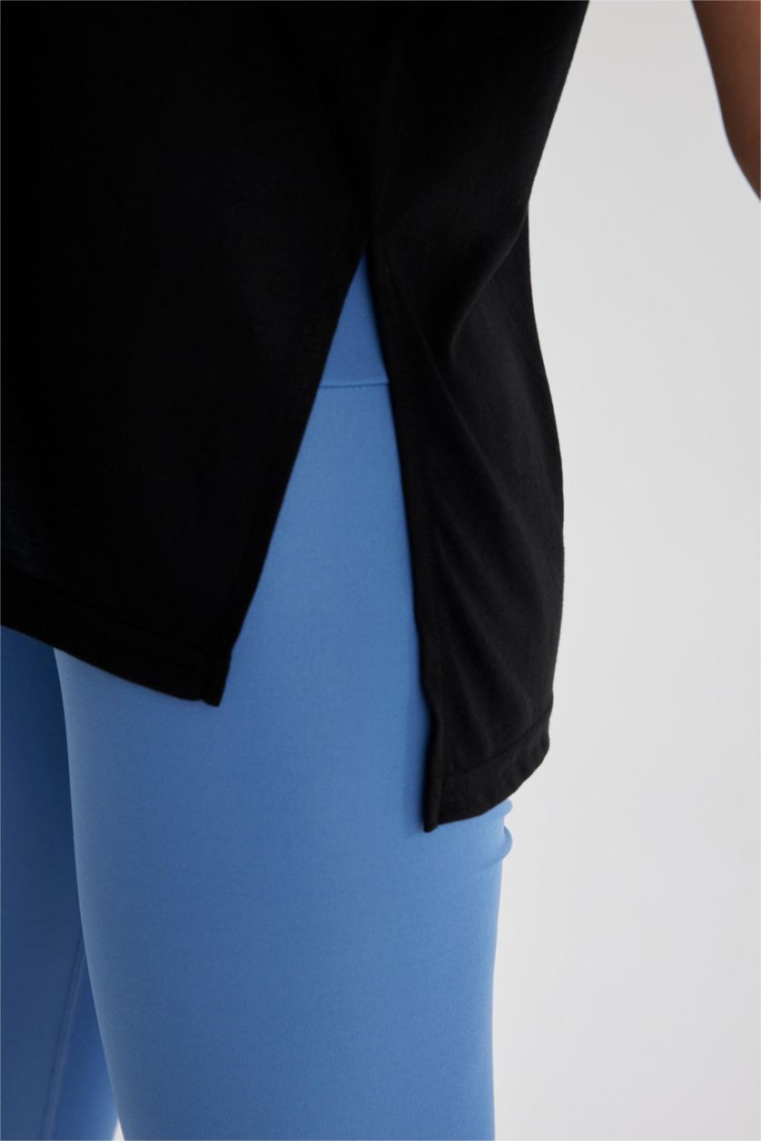 نساء أسود تيشيرت ممشط قصة عادية برقبة مستديرة