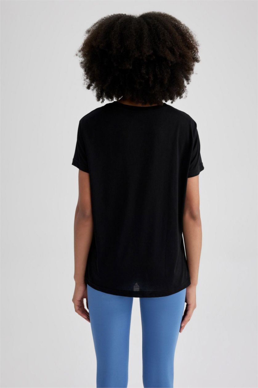 نساء أسود تيشيرت ممشط قصة عادية برقبة مستديرة