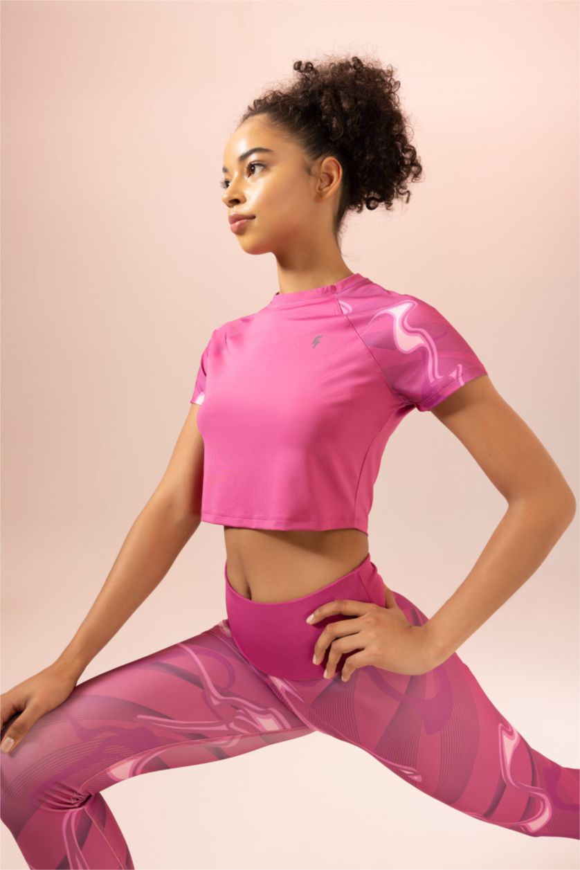 WOMAN Fushsia Defacto Fit Crop Top Crew Neck Printed Sportsman Short Sleeve T-Shirt