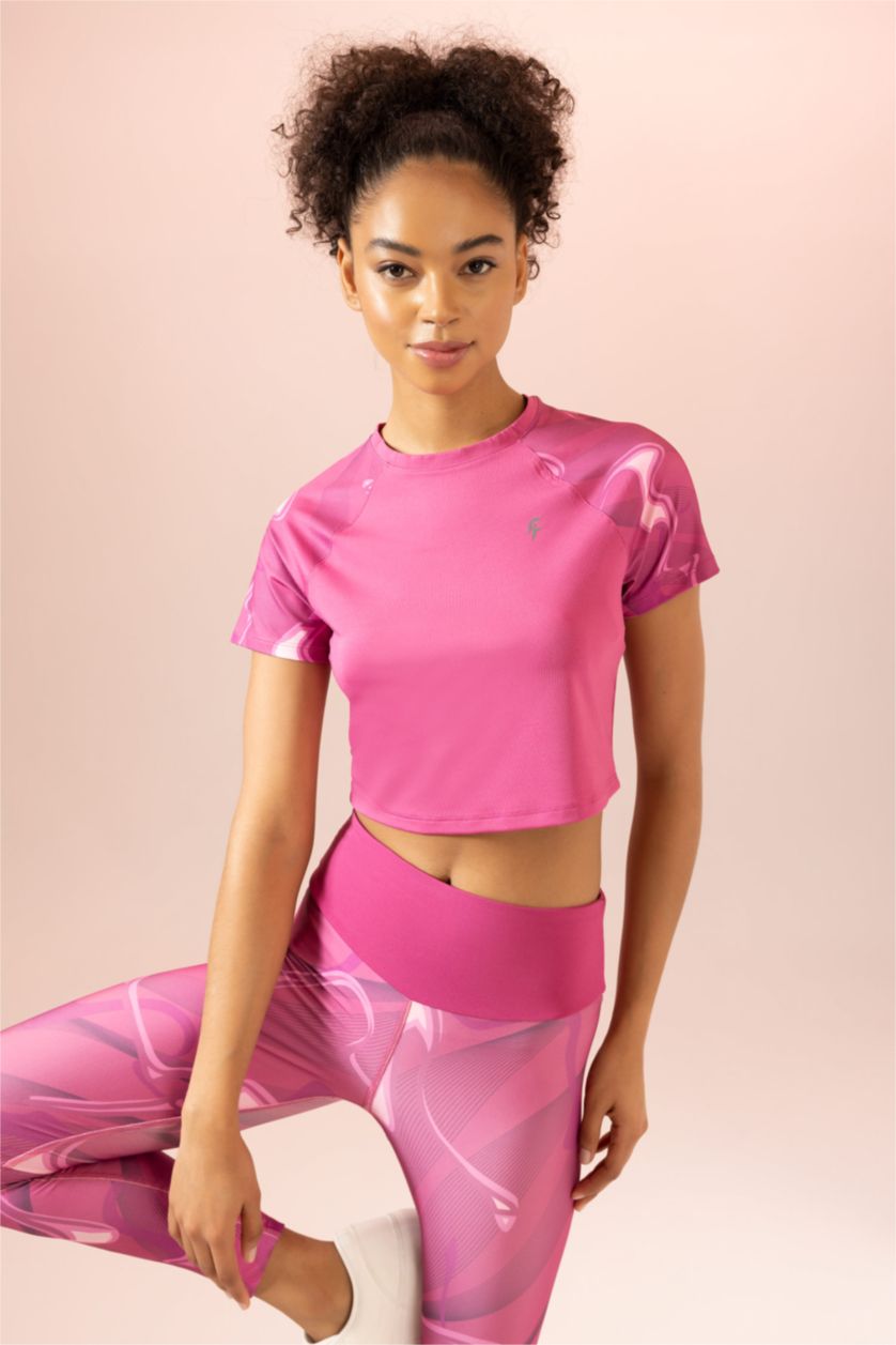 WOMAN Fushsia Defacto Fit Crop Top Crew Neck Printed Sportsman Short Sleeve T-Shirt