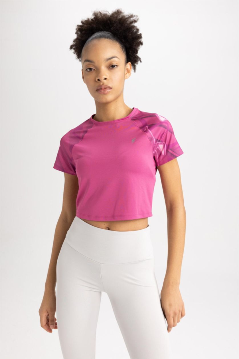 WOMAN Fushsia Defacto Fit Crop Top Crew Neck Printed Sportsman Short Sleeve T-Shirt