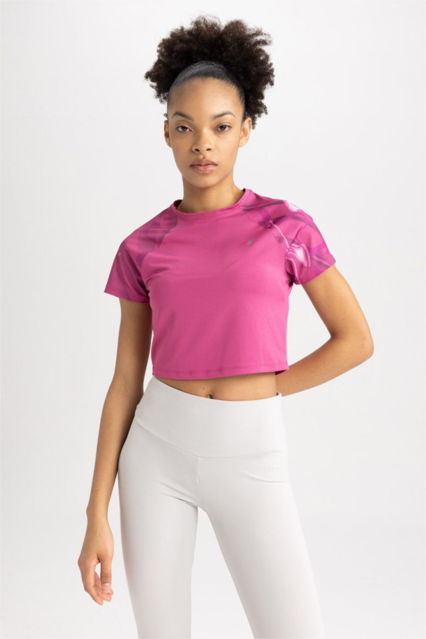 WOMAN Fushsia Defacto Fit Crop Top Crew Neck Printed Sportsman Short Sleeve T-Shirt