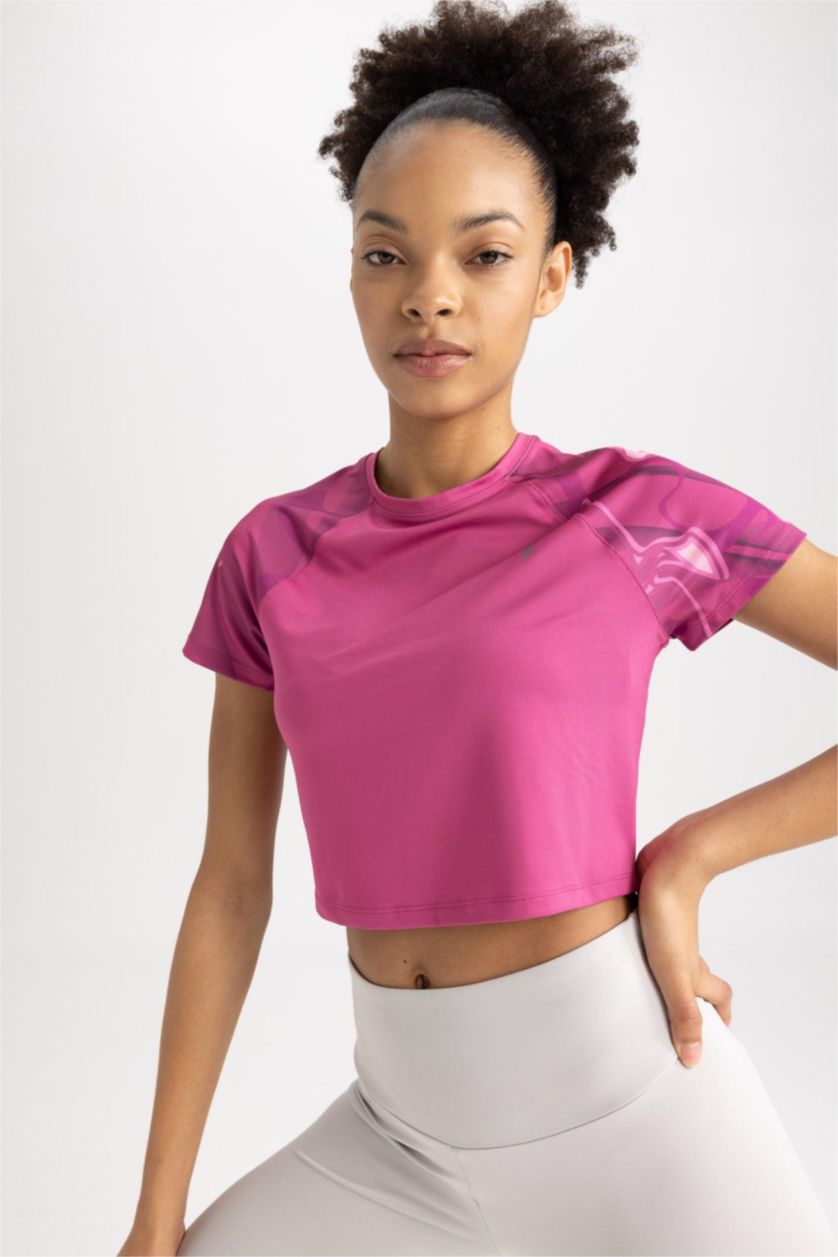 WOMAN Fushsia Defacto Fit Crop Top Crew Neck Printed Sportsman Short Sleeve T-Shirt