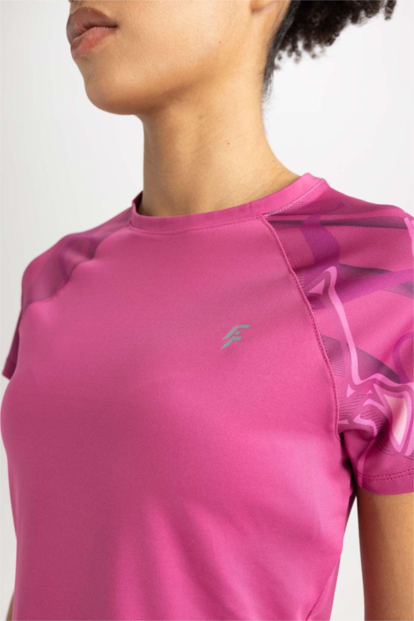 WOMAN Fushsia Defacto Fit Crop Top Crew Neck Printed Sportsman Short Sleeve T-Shirt