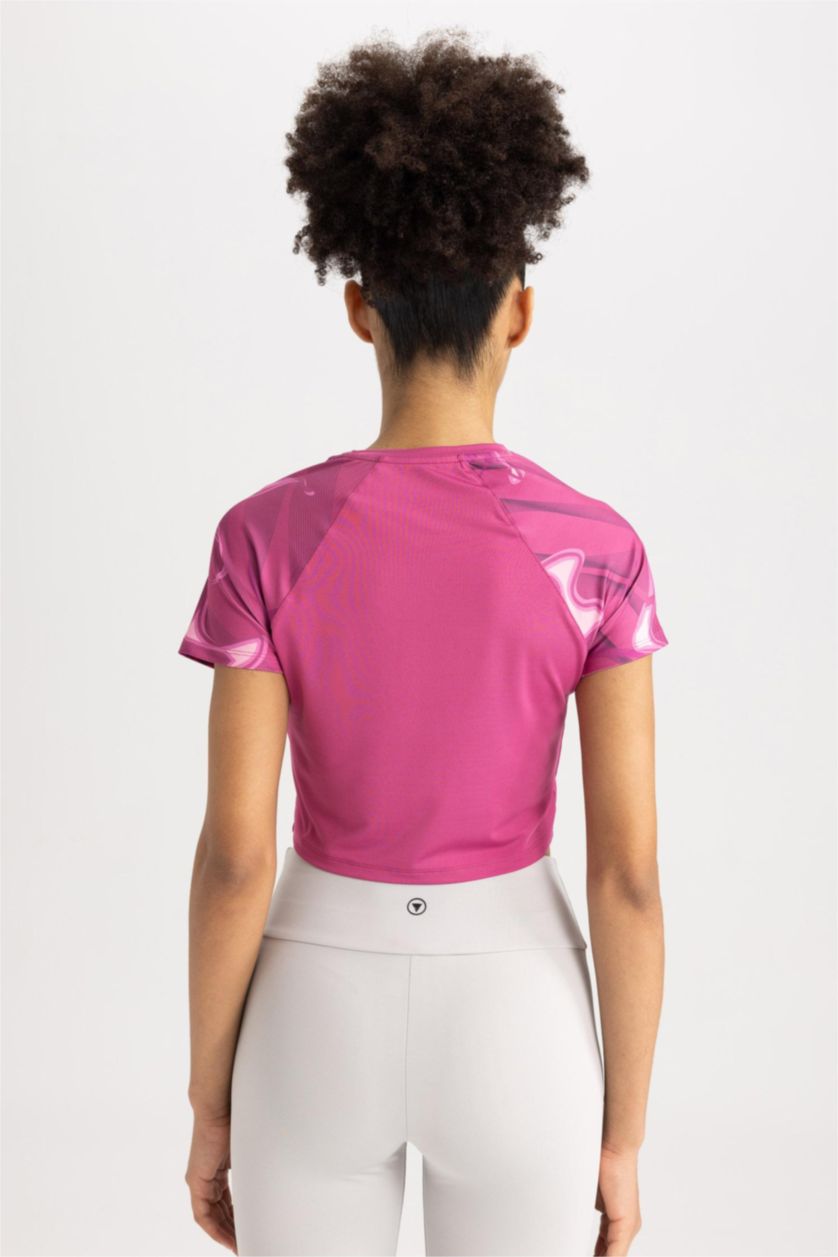 WOMAN Fushsia Defacto Fit Crop Top Crew Neck Printed Sportsman Short Sleeve T-Shirt