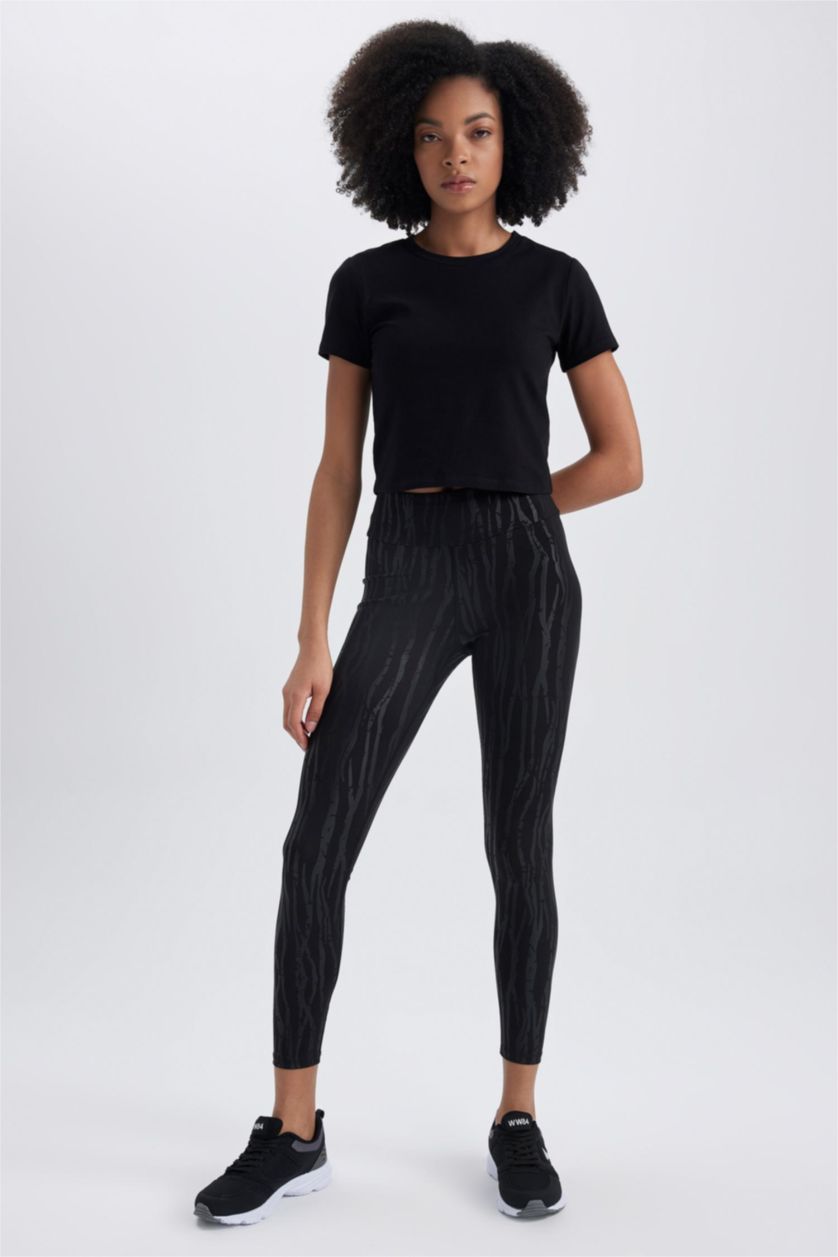 Woman Black Defacto Fit Patterned Leggings Covering the Waist