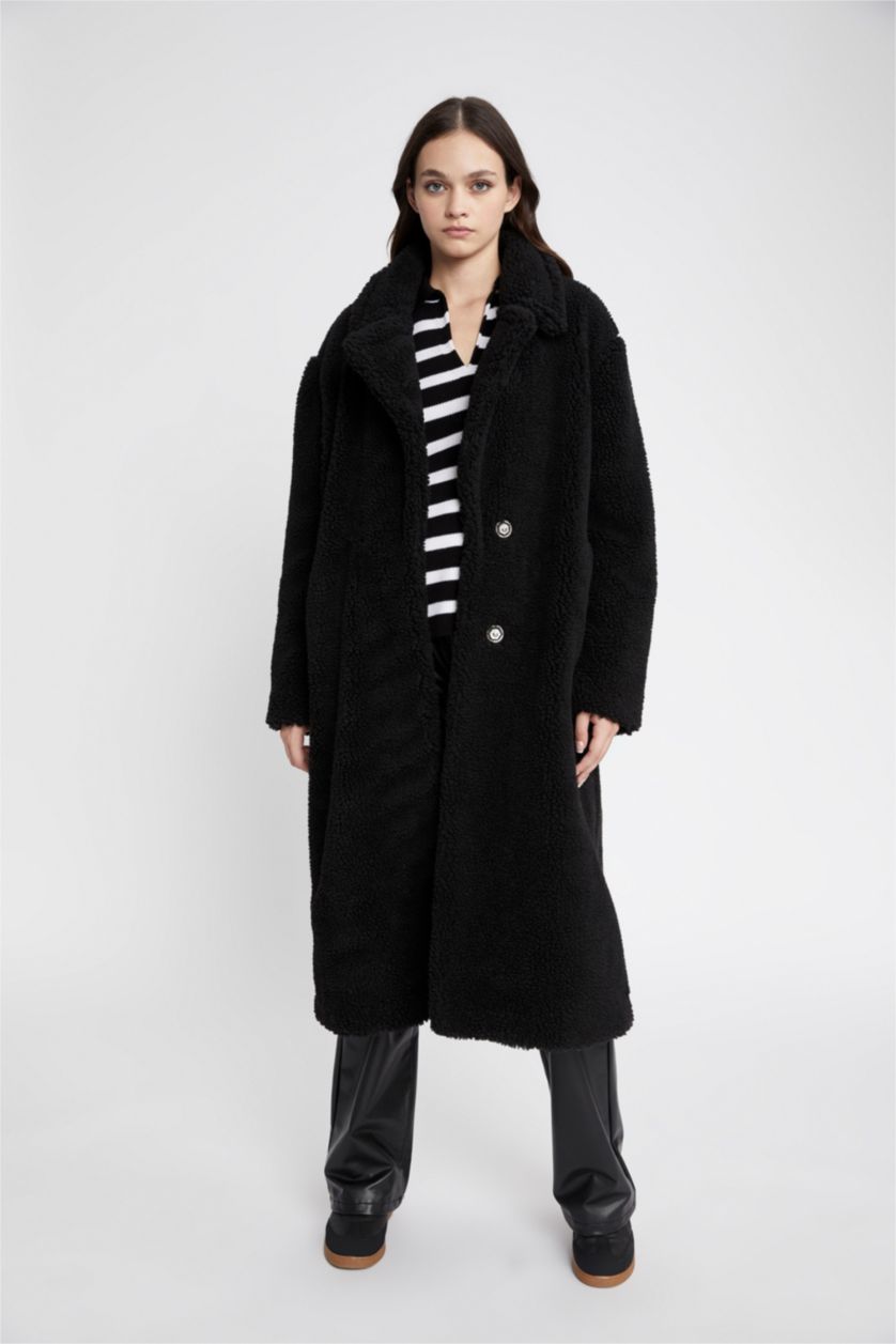 WOMAN Black Regular Fit Faux Fur Coat