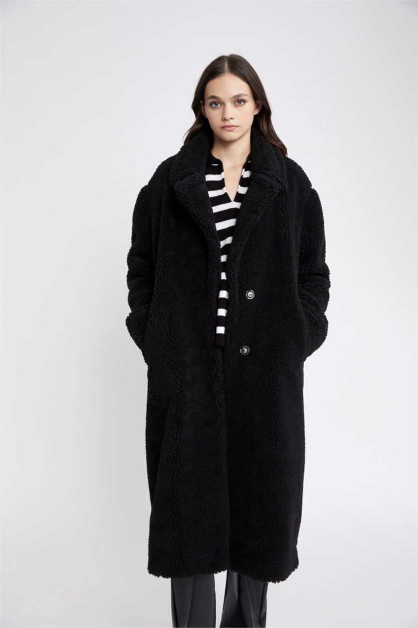 WOMAN Black Regular Fit Faux Fur Coat
