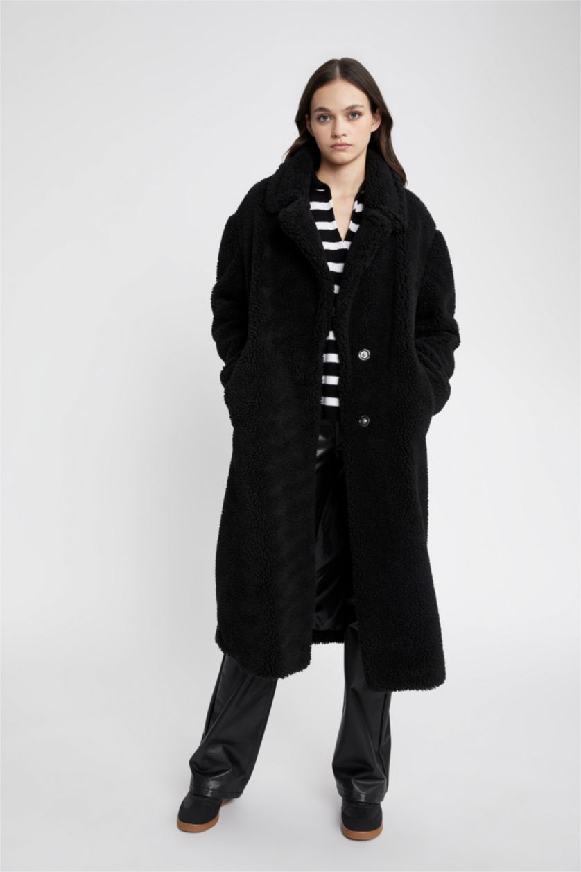 WOMAN Black Regular Fit Faux Fur Coat