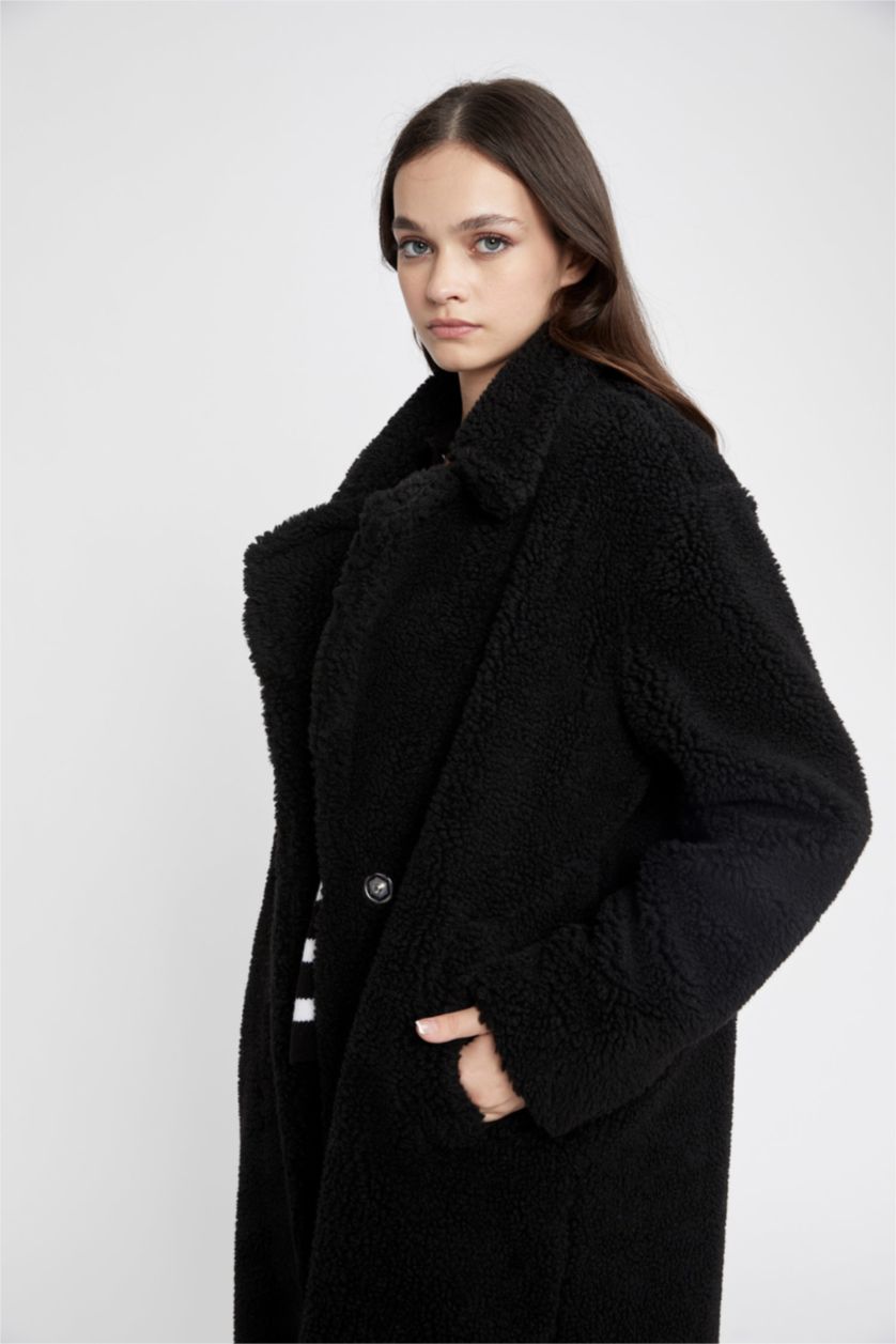 WOMAN Black Regular Fit Faux Fur Coat
