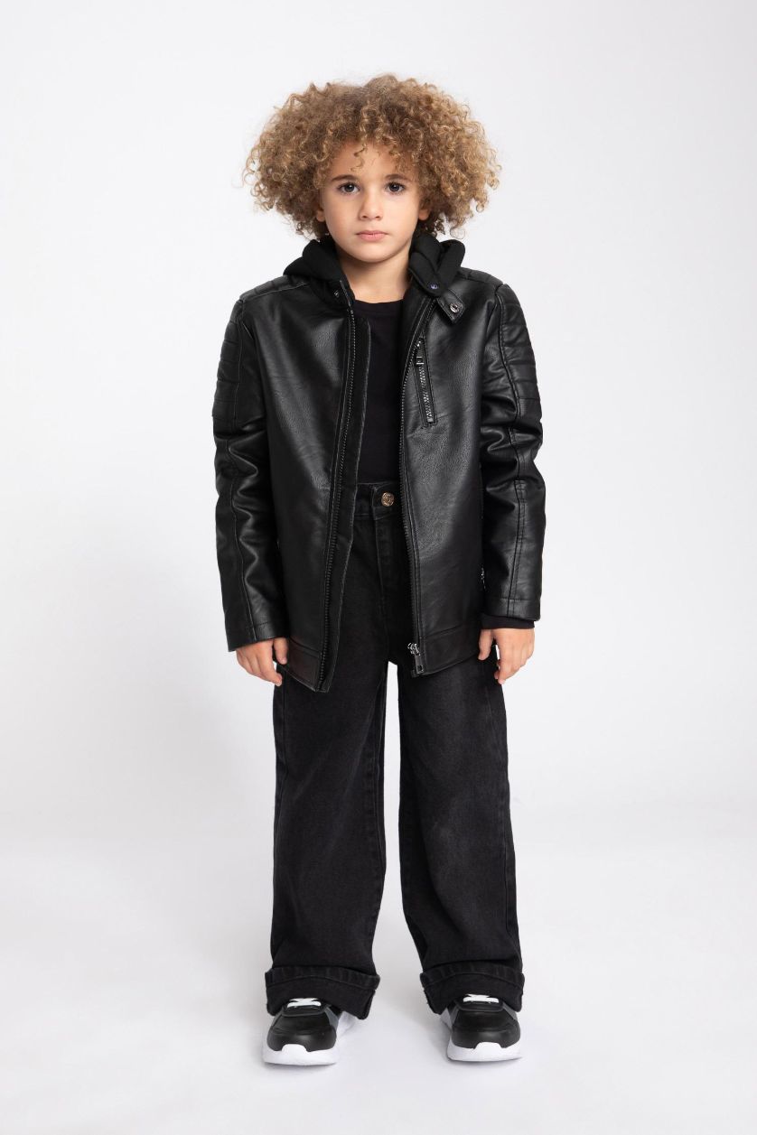 أولاد أسود جاكيت جلد صناعي بغطاء للرأس من القطيفة