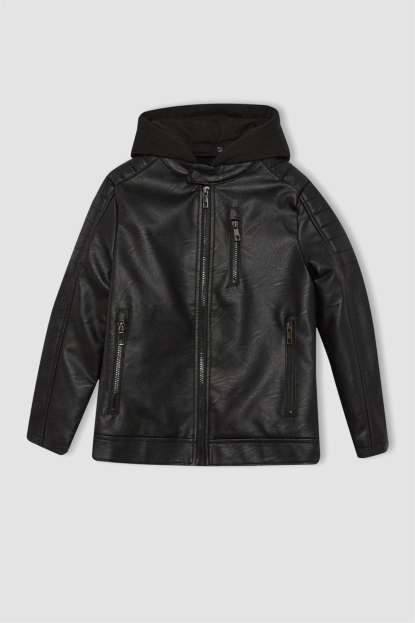 أولاد أسود جاكيت جلد صناعي بغطاء للرأس من القطيفة