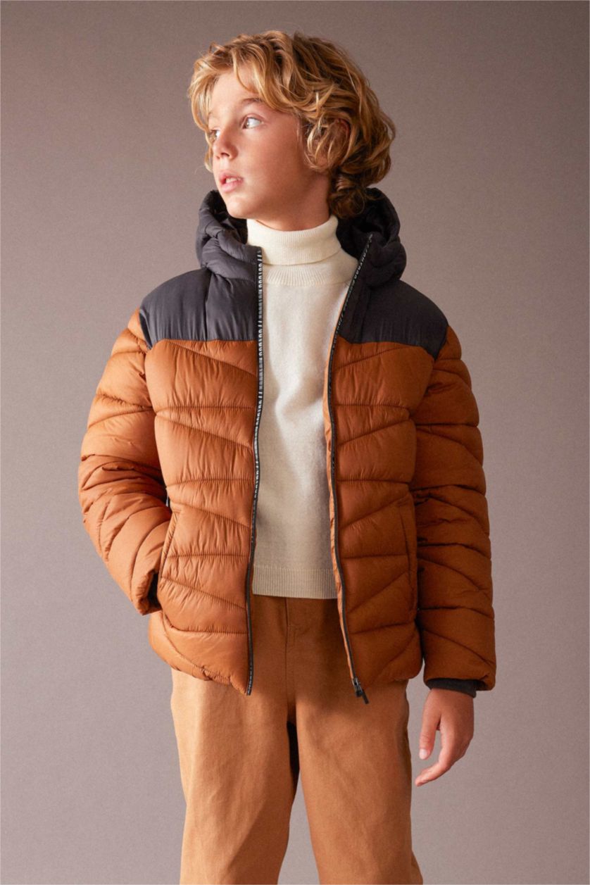 BOYS & TEENS Light Brown Boy Hooded Fleece Lined Puffer Jacket