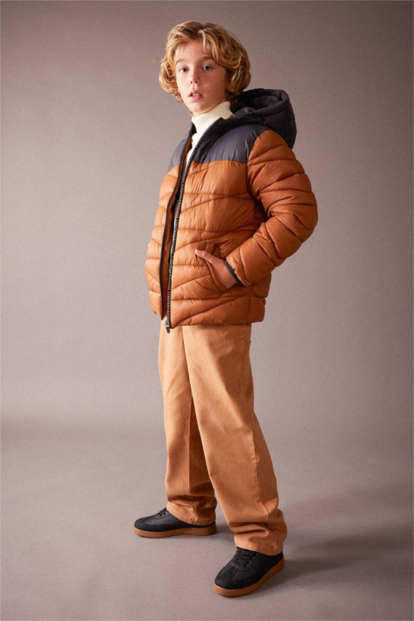 BOYS & TEENS Light Brown Boy Hooded Fleece Lined Puffer Jacket