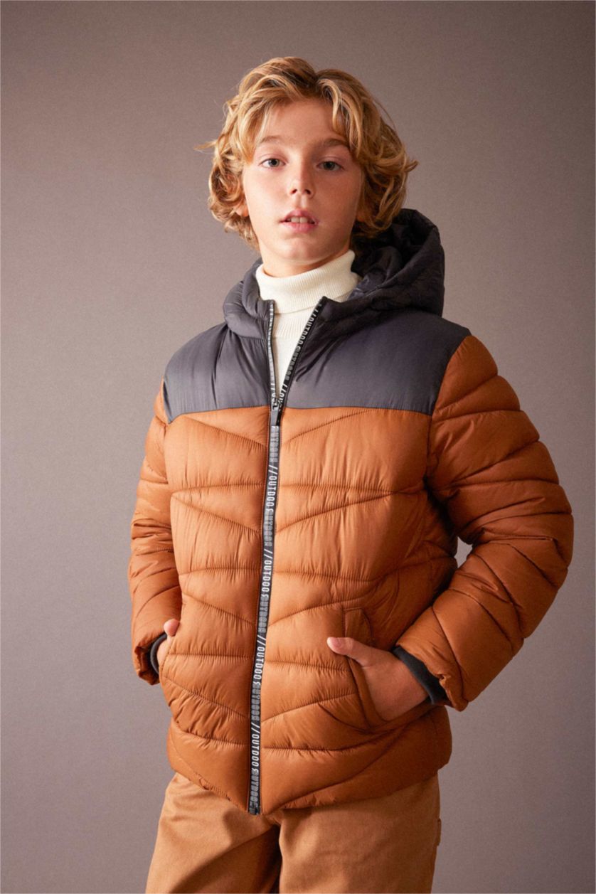 BOYS & TEENS Light Brown Boy Hooded Fleece Lined Puffer Jacket