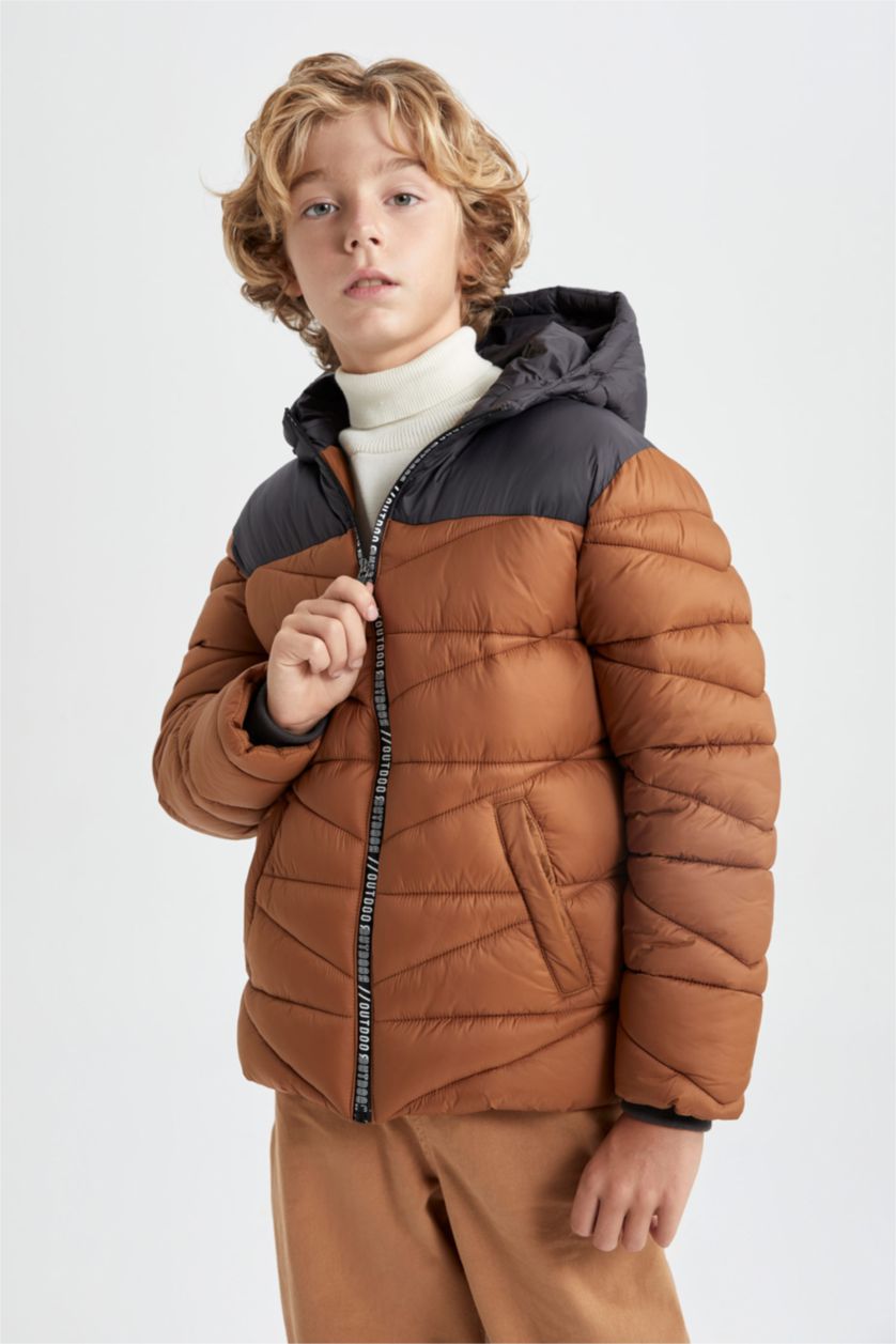 BOYS & TEENS Light Brown Boy Hooded Fleece Lined Puffer Jacket