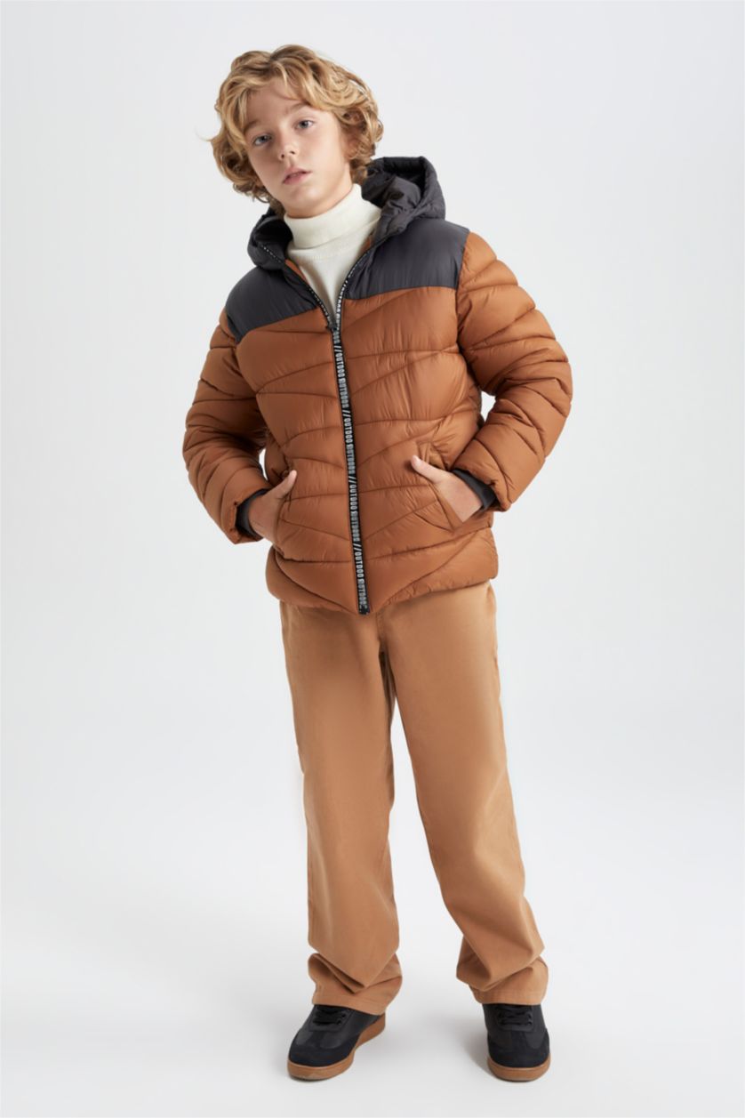 BOYS & TEENS Light Brown Boy Hooded Fleece Lined Puffer Jacket