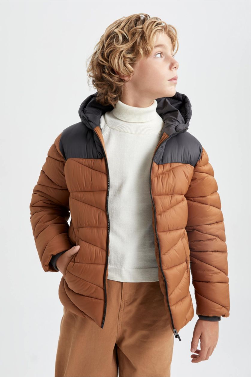 BOYS & TEENS Light Brown Boy Hooded Fleece Lined Puffer Jacket