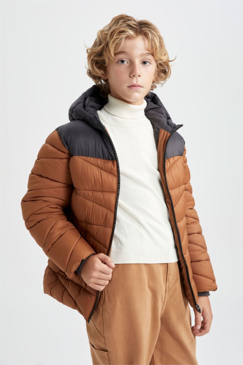 BOYS & TEENS Light Brown Boy Hooded Fleece Lined Puffer Jacket
