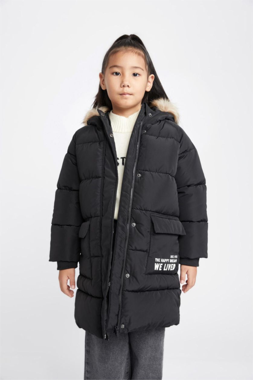 بنات أسود قمصلة نفخ طويل بغطاء للرأس مقاوم للماء بفرو صناعي