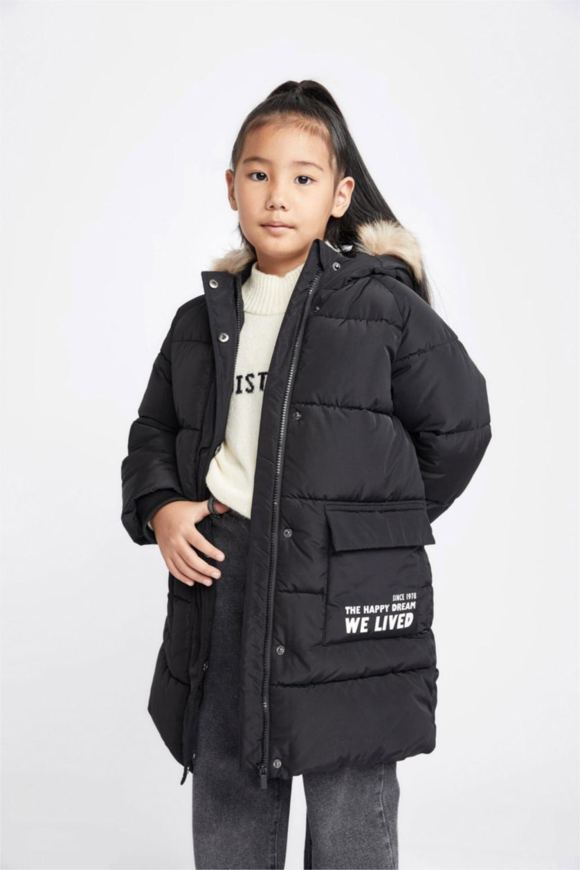 بنات أسود قمصلة نفخ طويل بغطاء للرأس مقاوم للماء بفرو صناعي