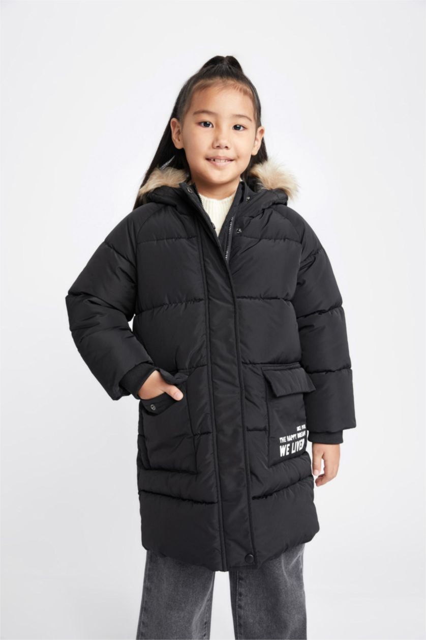 بنات أسود قمصلة نفخ طويل بغطاء للرأس مقاوم للماء بفرو صناعي