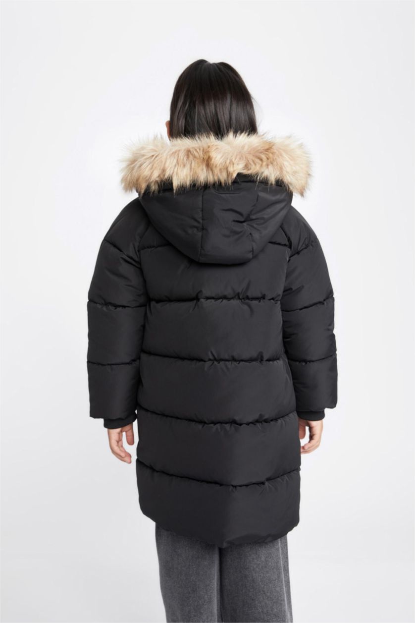 بنات أسود قمصلة نفخ طويل بغطاء للرأس مقاوم للماء بفرو صناعي