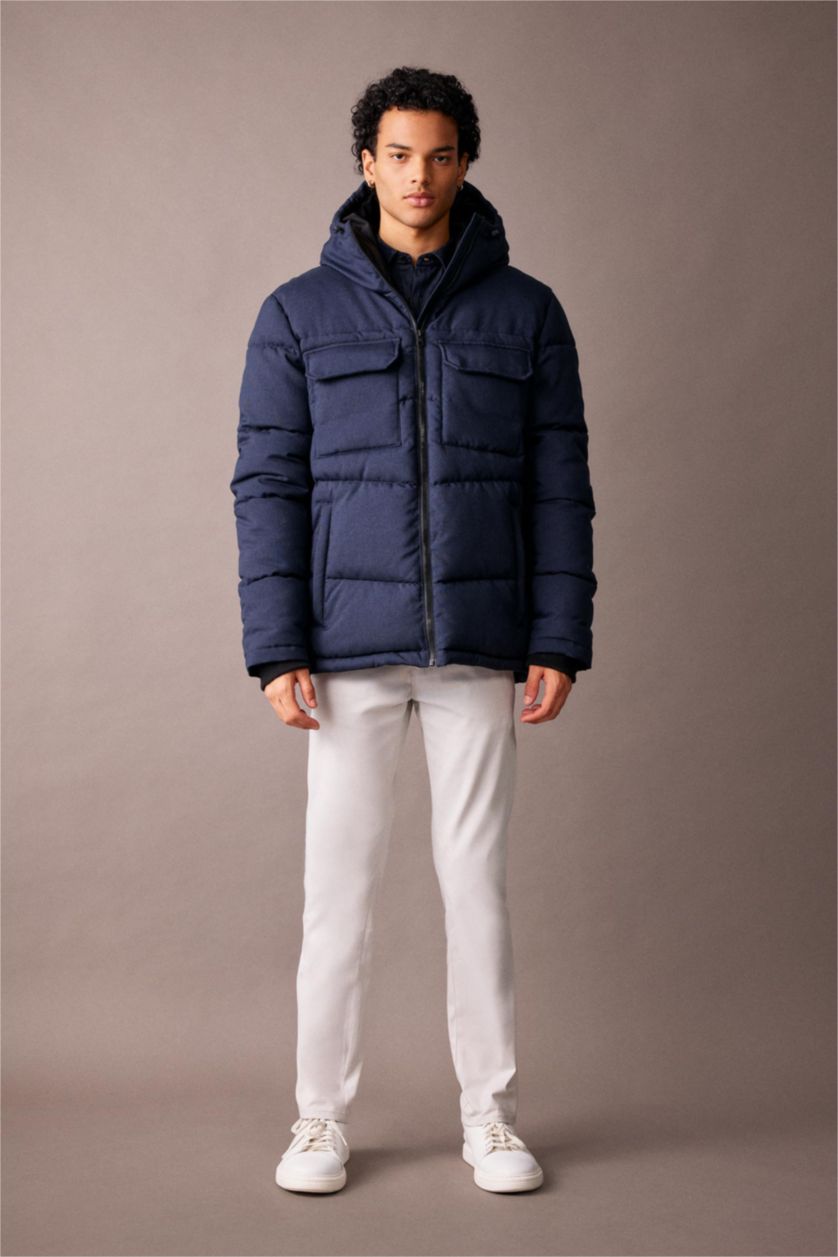 Erkek Lacivert Slim Fit Dar Kesim Şişme Mont Kapüşonlu Fermuarlı Çift Cepli