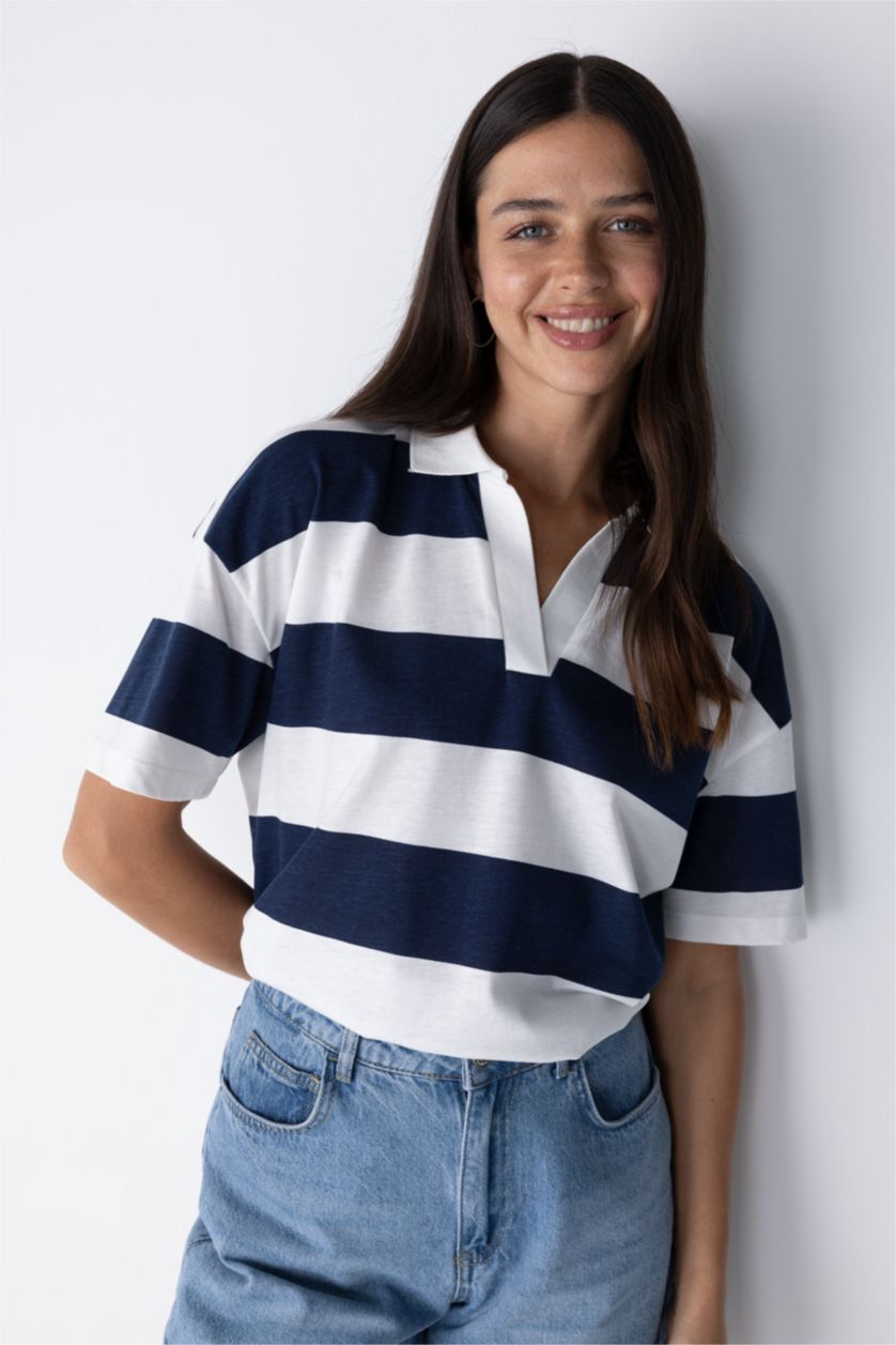 WOMAN NAVY Relax Fit Polo Neck Striped Short Sleeve T-Shirt