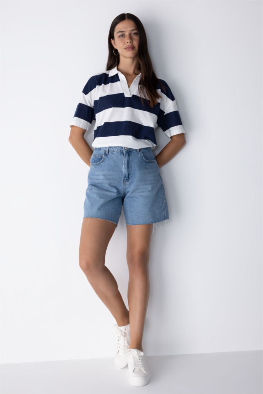WOMAN NAVY Relax Fit Polo Neck Striped Short Sleeve T-Shirt