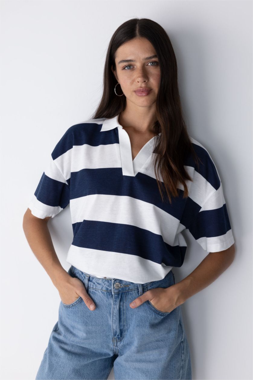 WOMAN NAVY Relax Fit Polo Neck Striped Short Sleeve T-Shirt