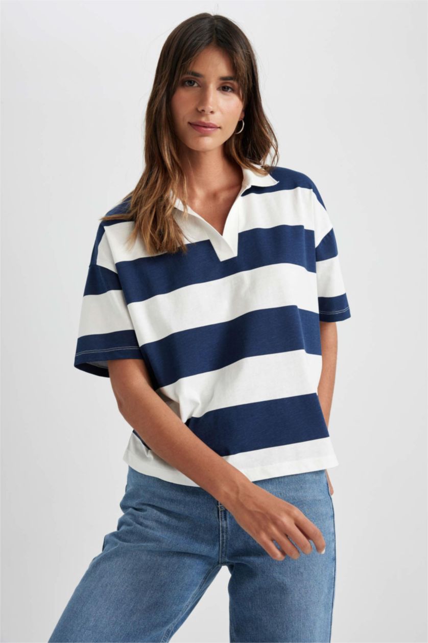 WOMAN NAVY Relax Fit Polo Neck Striped Short Sleeve T-Shirt