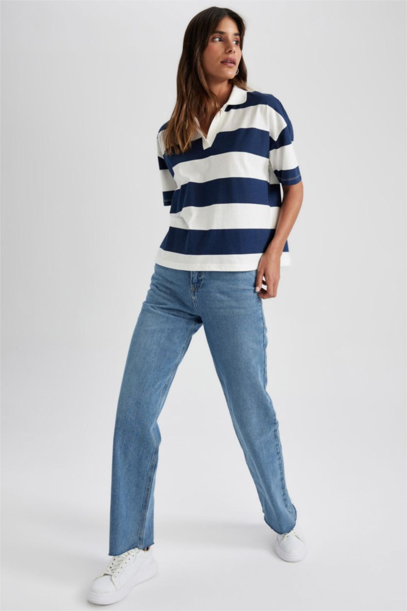 WOMAN NAVY Relax Fit Polo Neck Striped Short Sleeve T-Shirt