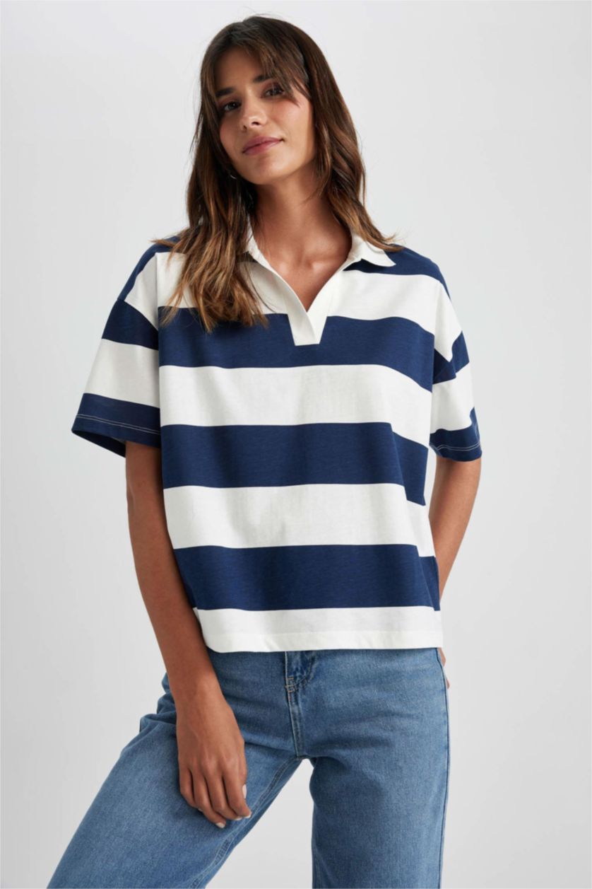 WOMAN NAVY Relax Fit Polo Neck Striped Short Sleeve T-Shirt