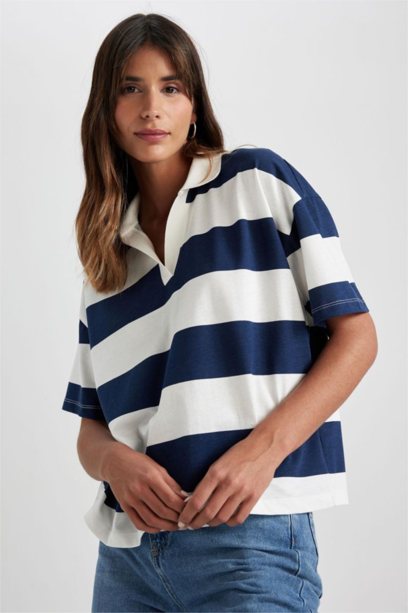 WOMAN NAVY Relax Fit Polo Neck Striped Short Sleeve T-Shirt