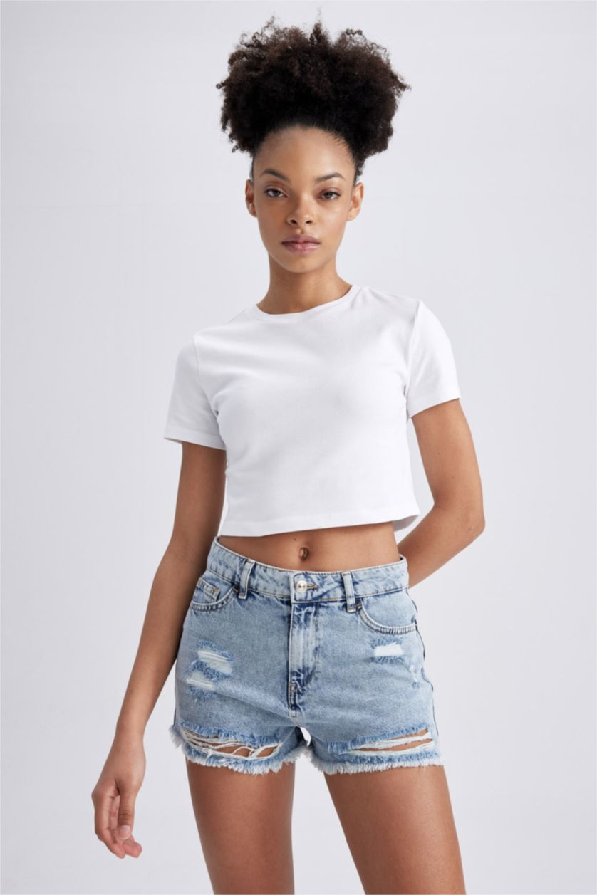 نساء أزرق فاتح شورت جينز بخصر عالي