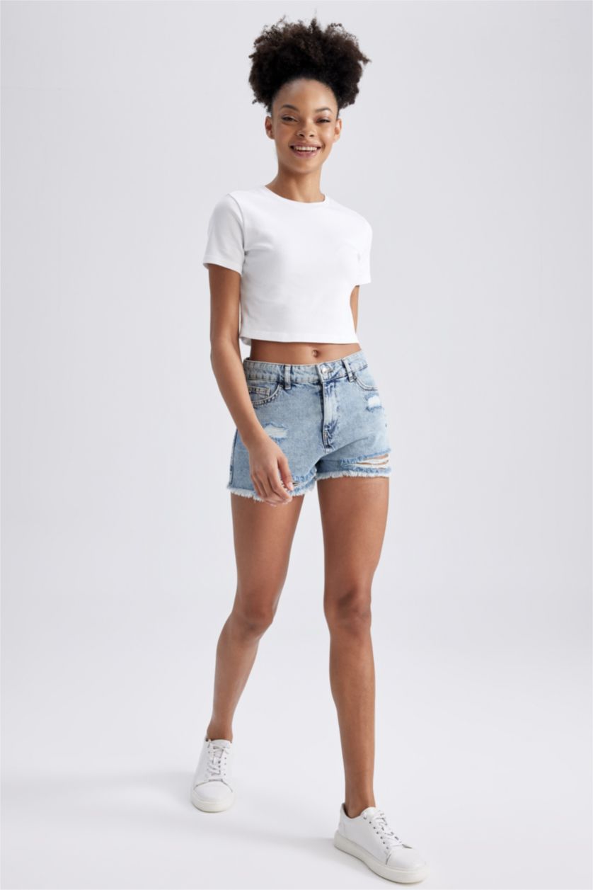 نساء أزرق فاتح شورت جينز بخصر عالي