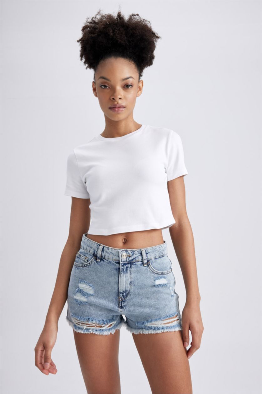 نساء أزرق فاتح شورت جينز بخصر عالي