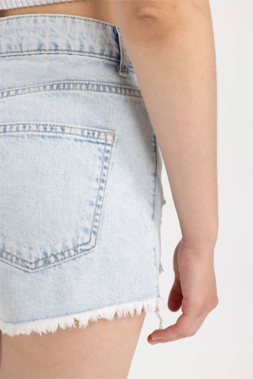 نساء أزرق ثلجي شورت قطن بخصر عالي بساق ممزق