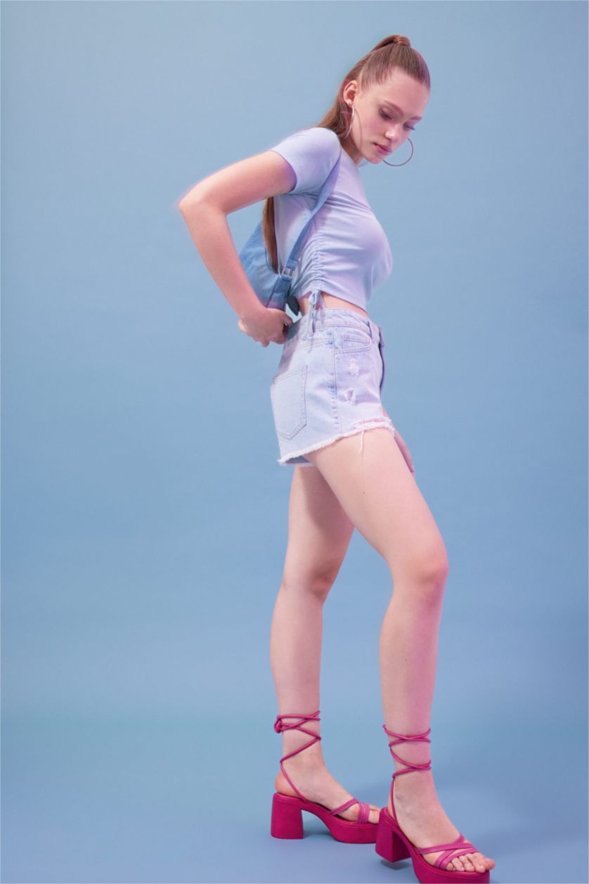 نساء أزرق ثلجي شورت قطن بخصر عالي بساق ممزق