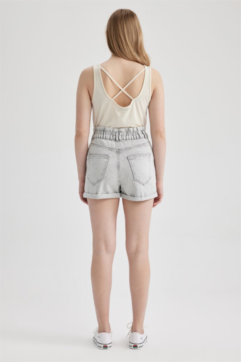 نساء رمادي شورت جينز قطن بيبرباج بخصر عالي