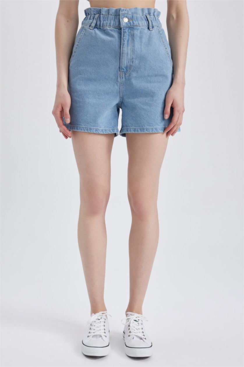 WOMAN Light Blue Paperbag High Waist Folded Leg Jean Shorts