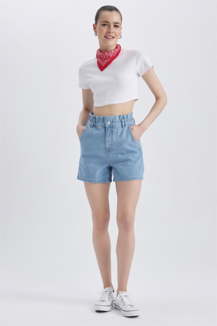 WOMAN Light Blue Paperbag High Waist Folded Leg Jean Shorts