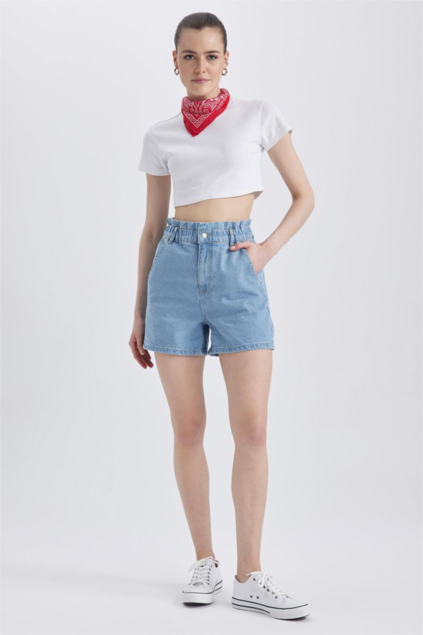 WOMAN Light Blue Paperbag High Waist Folded Leg Jean Shorts