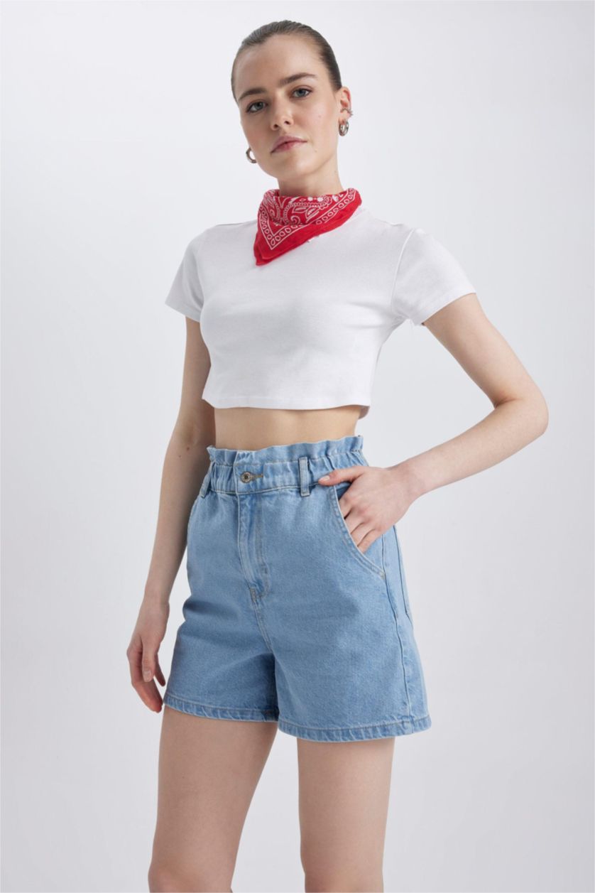 WOMAN Light Blue Paperbag High Waist Folded Leg Jean Shorts