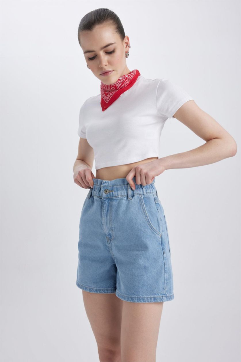 WOMAN Light Blue Paperbag High Waist Folded Leg Jean Shorts