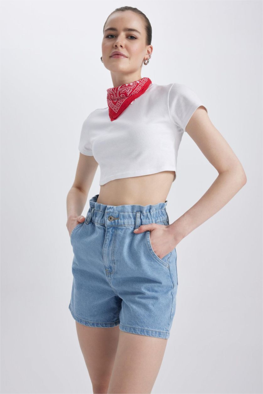 WOMAN Light Blue Paperbag High Waist Folded Leg Jean Shorts